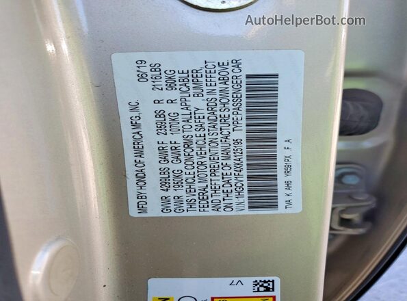 1HGCV1F4XKA125195 2019 HONDA ACCORD Beige VIN კოდის სტიკერის ხედი