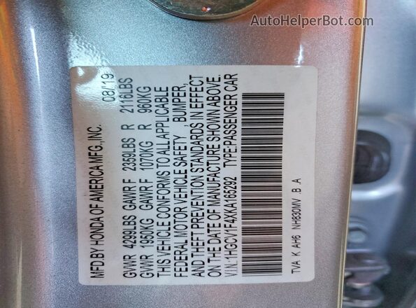 1HGCV1F4XKA165292 2019 HONDA ACCORD Silver Vista de la etiqueta del VIN