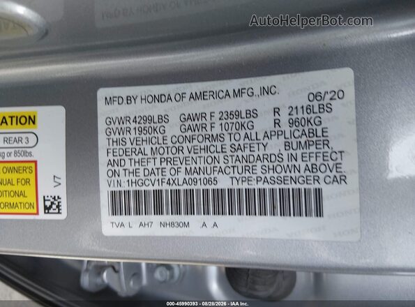 1HGCV1F4XLA091065 2020 HONDA ACCORD Серебряный Вид подкапотного пространства