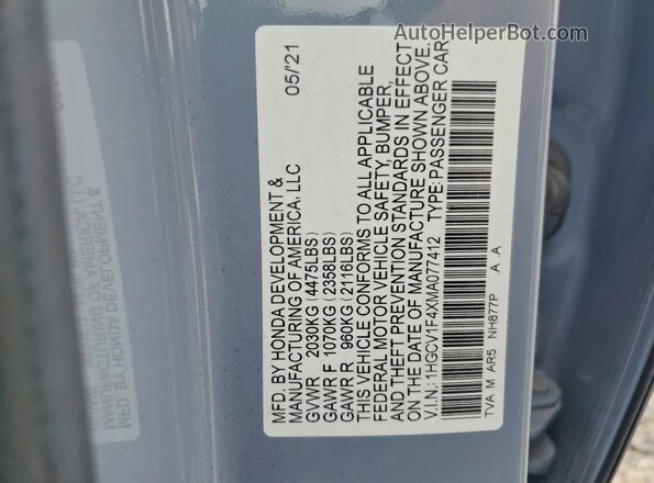 1HGCV1F4XMA077412 2021 HONDA ACCORD Blue Vista de la etiqueta del VIN