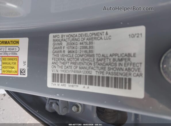 1HGCV1F4XMA123062 2021 HONDA ACCORD Gray Engine compartment view
