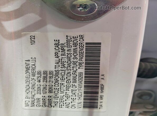 1HGCV1F4XNA092669 2022 HONDA ACCORD White Вид наклейки з VIN-кодом