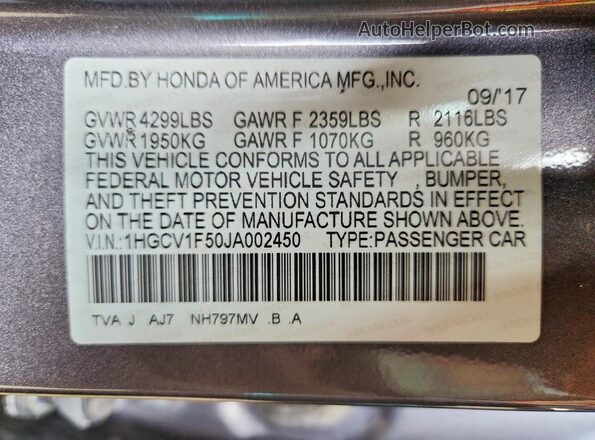 1HGCV1F50JA002450 2018 HONDA ACCORD Gray Շարժիչի բաժամունքի տեսք