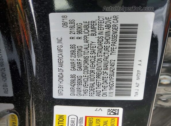 1HGCV1F50JA214572 2018 HONDA ACCORD Black Widok komory silnika