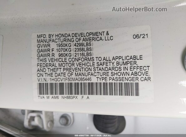 1HGCV1F50MA085446 2021 HONDA ACCORD Белый Вид подкапотного пространства