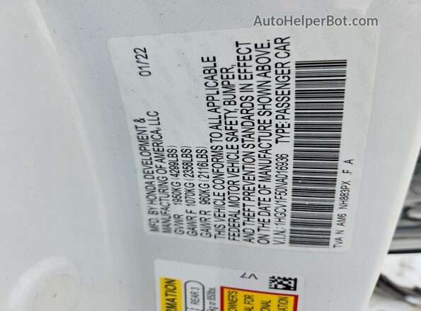 1HGCV1F50NA016936 2022 HONDA ACCORD White ძრავის განყოფილების ხედი