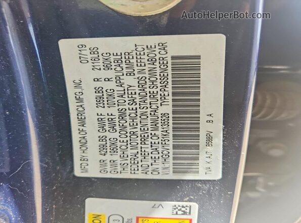 1HGCV1F51KA135526 2019 HONDA ACCORD Синий Вид наклейки с VIN-кодом