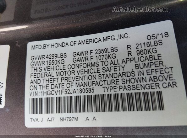 1HGCV1F52JA180585 2018 HONDA ACCORD Gray Vista del compartimento del motor