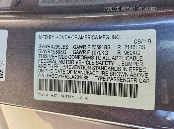 1HGCV1F52JA231888 2018 HONDA ACCORD Серый Вид подкапотного пространства