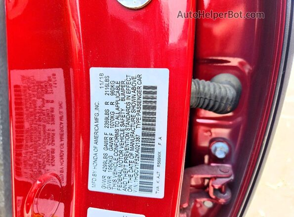 1HGCV1F52KA021387 2019 HONDA ACCORD Красный Вид подкапотного пространства