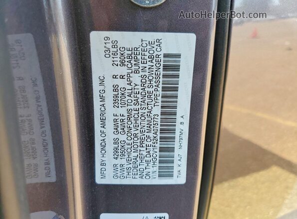 1HGCV1F52KA075773 2019 HONDA ACCORD Gray VIN կոդի պիտակի տեսք