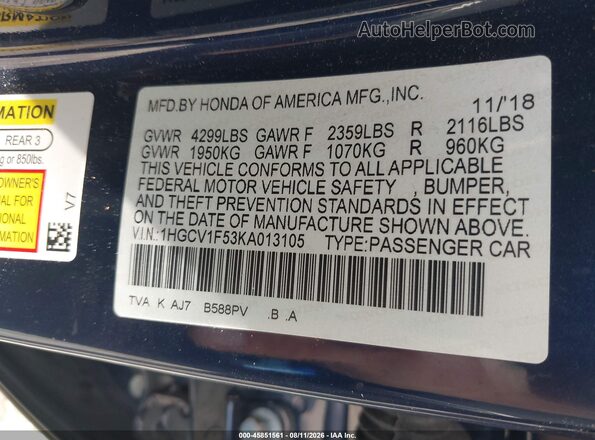 1HGCV1F53KA013105 2019 HONDA ACCORD Blue Շարժիչի բաժամունքի տեսք