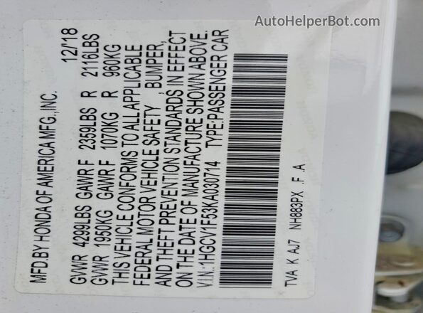 1HGCV1F53KA030714 2019 HONDA ACCORD White Engine compartment view