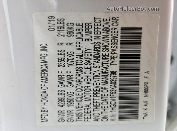 1HGCV1F53KA039798 2019 HONDA ACCORD White VIN sticker view
