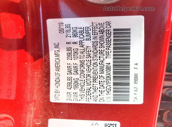 1HGCV1F53KA108814 2019 HONDA ACCORD Red Widok komory silnika