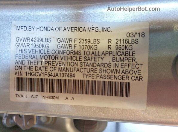 1HGCV1F54JA137494 2018 HONDA ACCORD Silver 