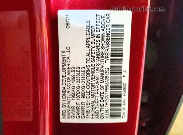 1HGCV1F55MA081392 2021 HONDA ACCORD Red Widok komory silnika
