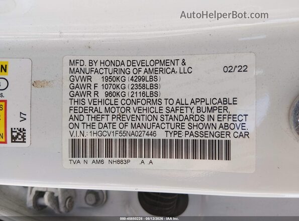 1HGCV1F55NA027446 2022 HONDA ACCORD White Вид підкапотного простору