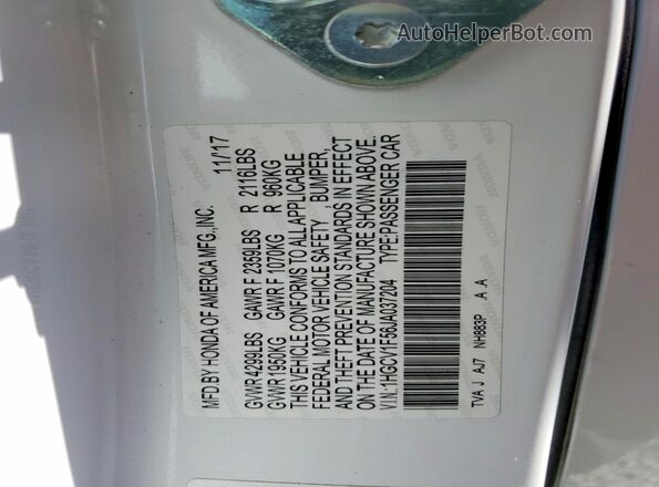 1HGCV1F56JA037204 2018 HONDA ACCORD White VIN կոդի պիտակի տեսք