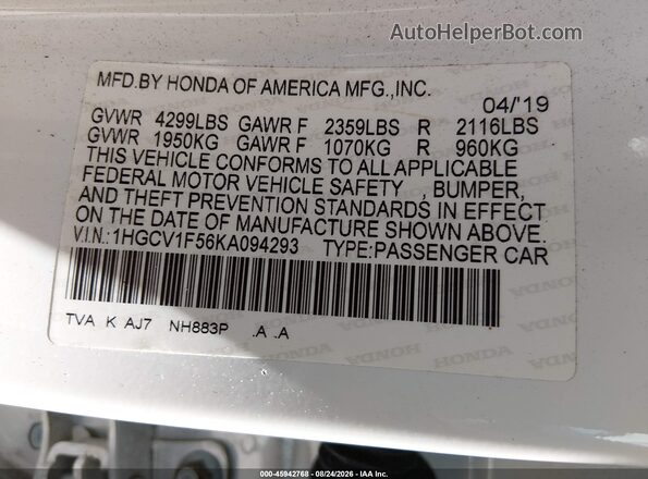 1HGCV1F56KA094293 2019 HONDA ACCORD White Widok komory silnika