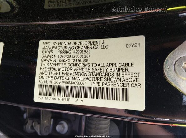 1HGCV1F56MA090067 2021 HONDA ACCORD Black ძრავის განყოფილების ხედი