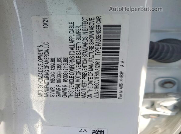 1HGCV1F56MA121611 2021 HONDA ACCORD White VIN կոդի պիտակի տեսք