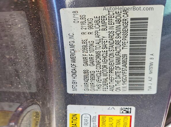 1HGCV1F57JA085259 2018 HONDA ACCORD Gray Вид підкапотного простору