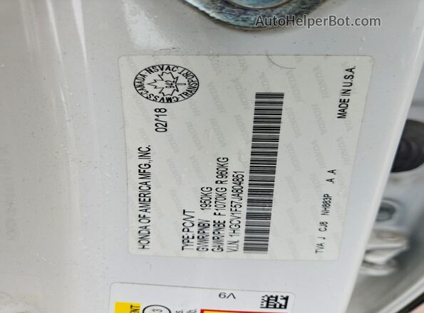 1HGCV1F57JA804851 2018 HONDA ACCORD White Вид наклейки з VIN-кодом