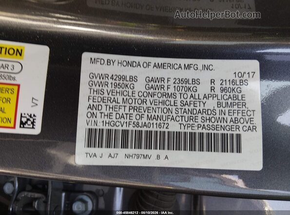 1HGCV1F58JA011672 2018 HONDA ACCORD Gray Շարժիչի բաժամունքի տեսք