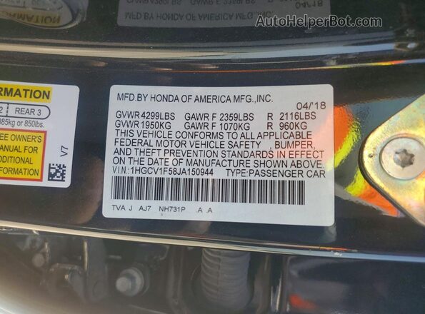 1HGCV1F58JA150944 2018 HONDA ACCORD Black Вид наклейки з VIN-кодом
