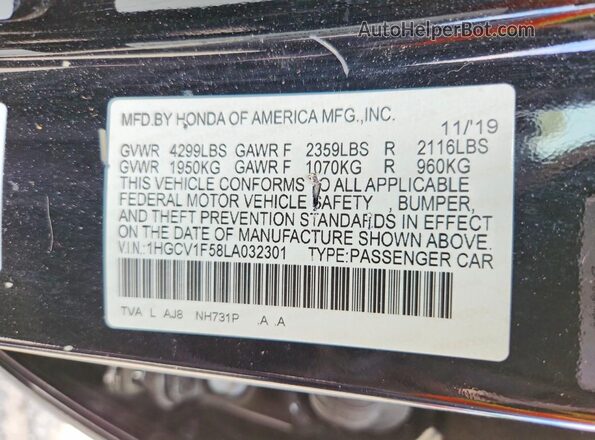 1HGCV1F58LA032301 2020 HONDA ACCORD Charcoal Widok komory silnika