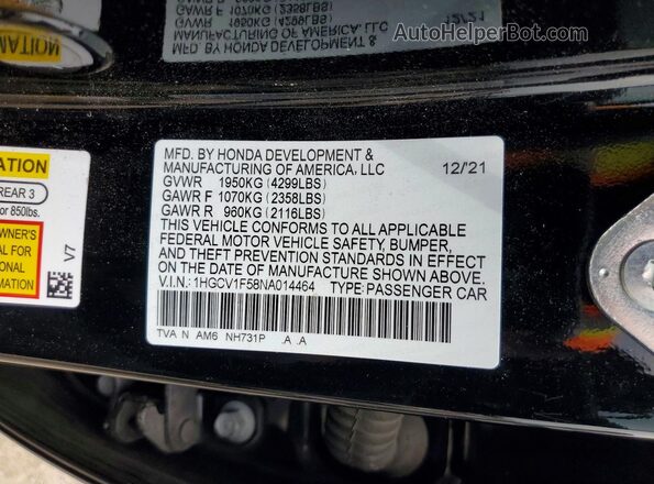 1HGCV1F58NA014464 2022 HONDA ACCORD Черный Вид подкапотного пространства