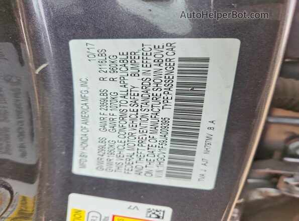 1HGCV1F59JA009395 2018 HONDA ACCORD Gray VIN կոդի պիտակի տեսք