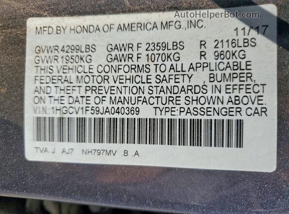 1HGCV1F59JA040369 2018 HONDA ACCORD Gray Widok naklejki z numerem VIN