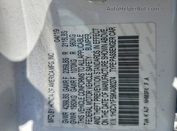 1HGCV1F59KA080274 2019 HONDA ACCORD White VIN კოდის სტიკერის ხედი