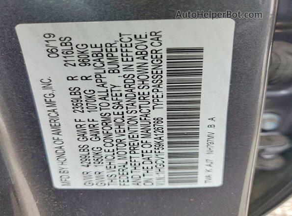 1HGCV1F59KA126766 2019 HONDA ACCORD Gray Widok komory silnika