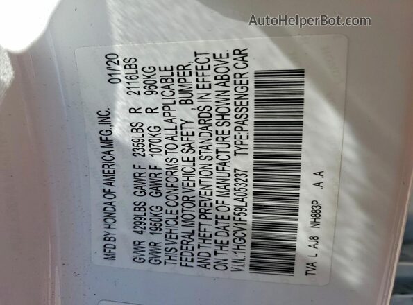 1HGCV1F59LA053237 2020 HONDA ACCORD Белый Вид подкапотного пространства
