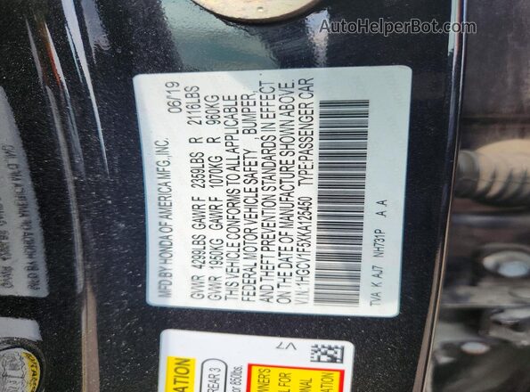 1HGCV1F5XKA125450 2019 HONDA ACCORD Black VIN კოდის სტიკერის ხედი