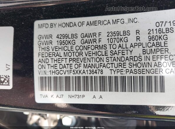 1HGCV1F5XKA136478 2019 HONDA ACCORD Black Вид підкапотного простору