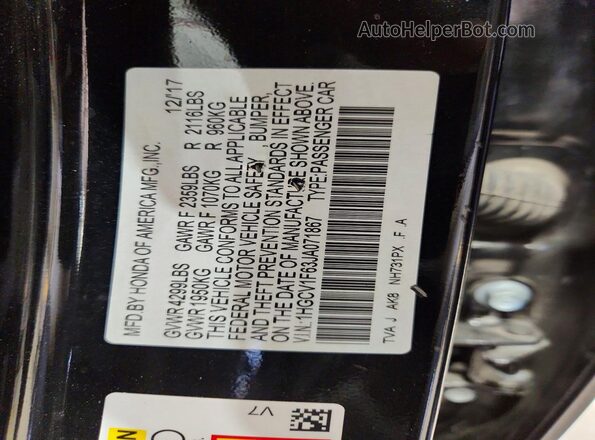 1HGCV1F63JA071867 2018 HONDA ACCORD Черный Вид подкапотного пространства