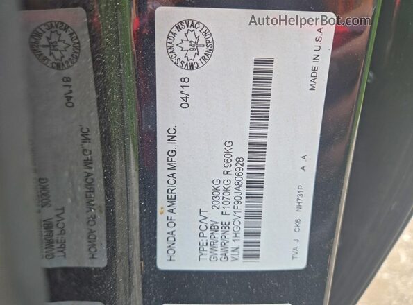 1HGCV1F90JA806928 2018 HONDA ACCORD Black VIN კოდის სტიკერის ხედი