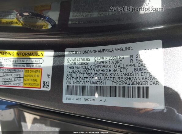 1HGCV1F91JA079511 2018 HONDA ACCORD Gray ძრავის განყოფილების ხედი