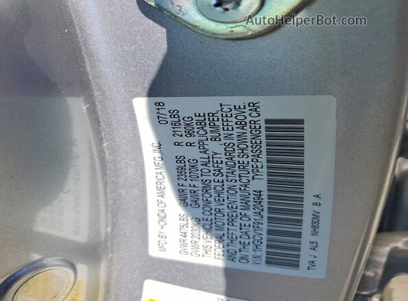 1HGCV1F91JA204944 2018 HONDA ACCORD Silver VIN sticker view