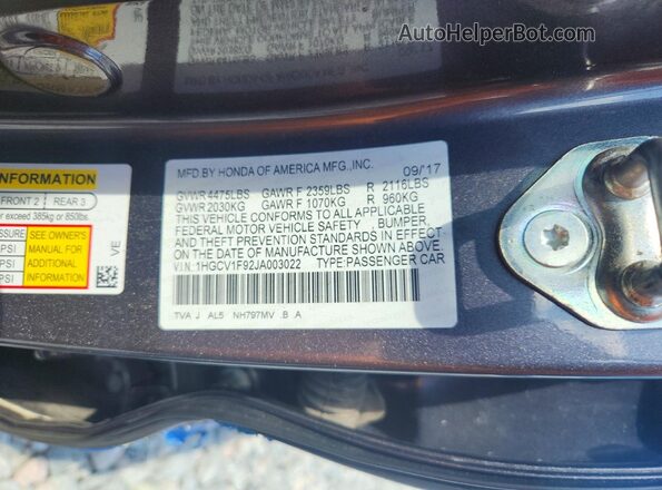 1HGCV1F92JA003022 2018 HONDA ACCORD Blue ძრავის განყოფილების ხედი