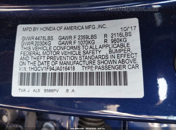 1HGCV1F94JA016418 2018 HONDA ACCORD Blue Widok komory silnika