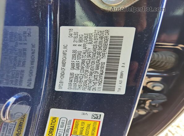 1HGCV1F94JA150152 2018 HONDA ACCORD Blue Շարժիչի բաժամունքի տեսք