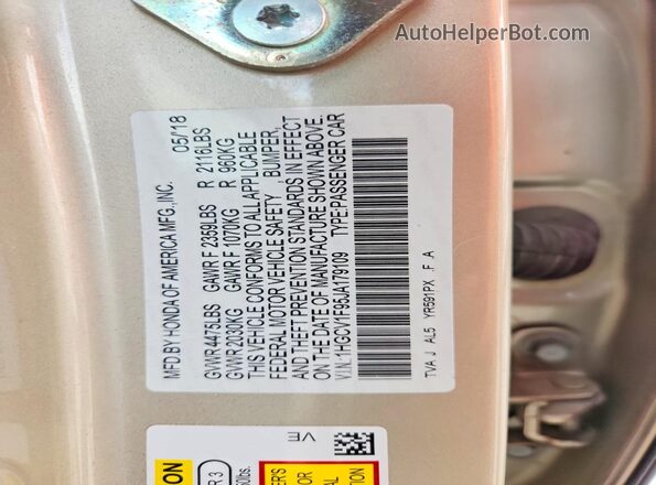 1HGCV1F95JA179109 2018 HONDA ACCORD Золотой Вид подкапотного пространства