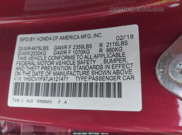1HGCV1F97JA121471 2018 HONDA ACCORD Red ძრავის განყოფილების ხედი