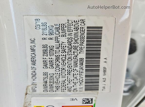 1HGCV1F97JA144068 2018 HONDA ACCORD White Vista del compartimento del motor