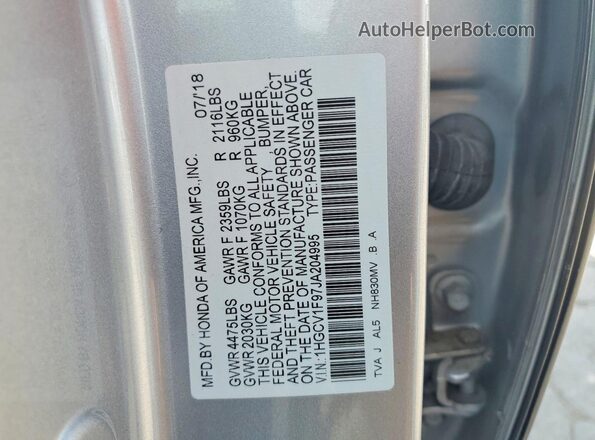 1HGCV1F97JA204995 2018 HONDA ACCORD Silver Շարժիչի բաժամունքի տեսք